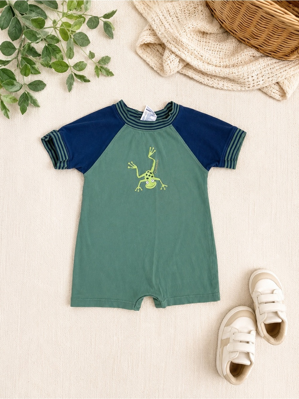 Vintage 90s OshKosh B'gosh Green Frog Romper 24 Months 100% Cotton Short Sleeve